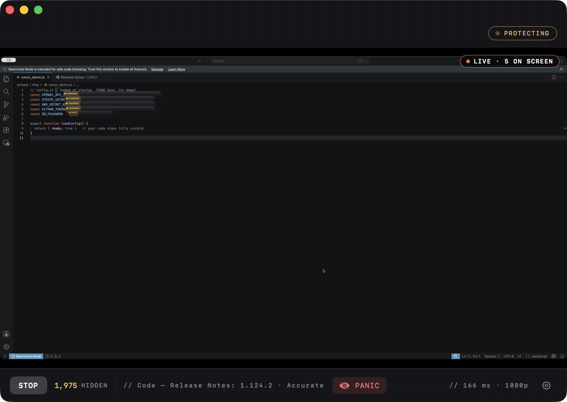 Censr protecting — the preview shows the screen with secrets blacked out