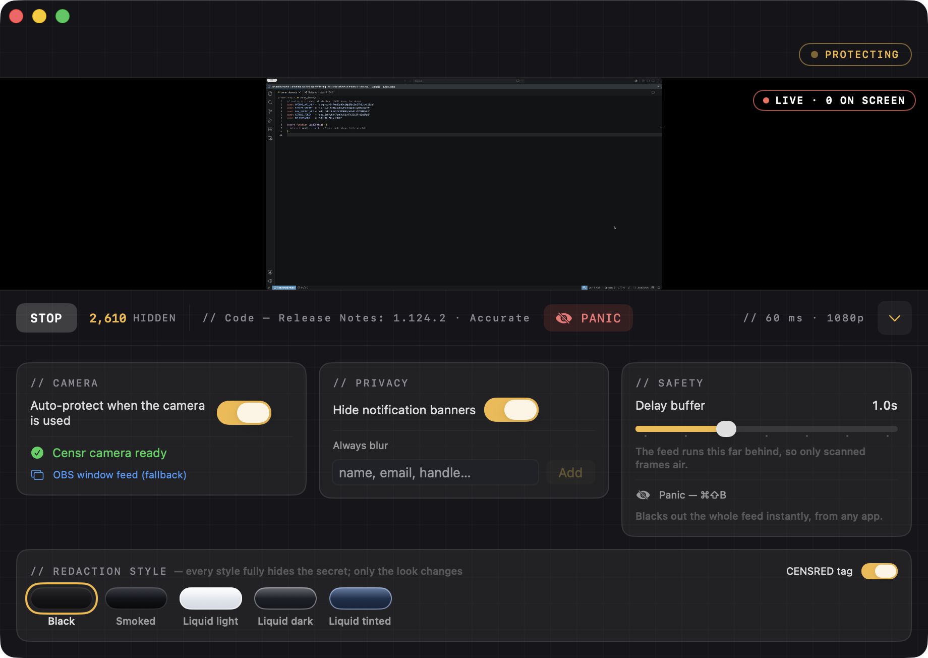 Censr settings — Camera, Privacy, and Safety groups