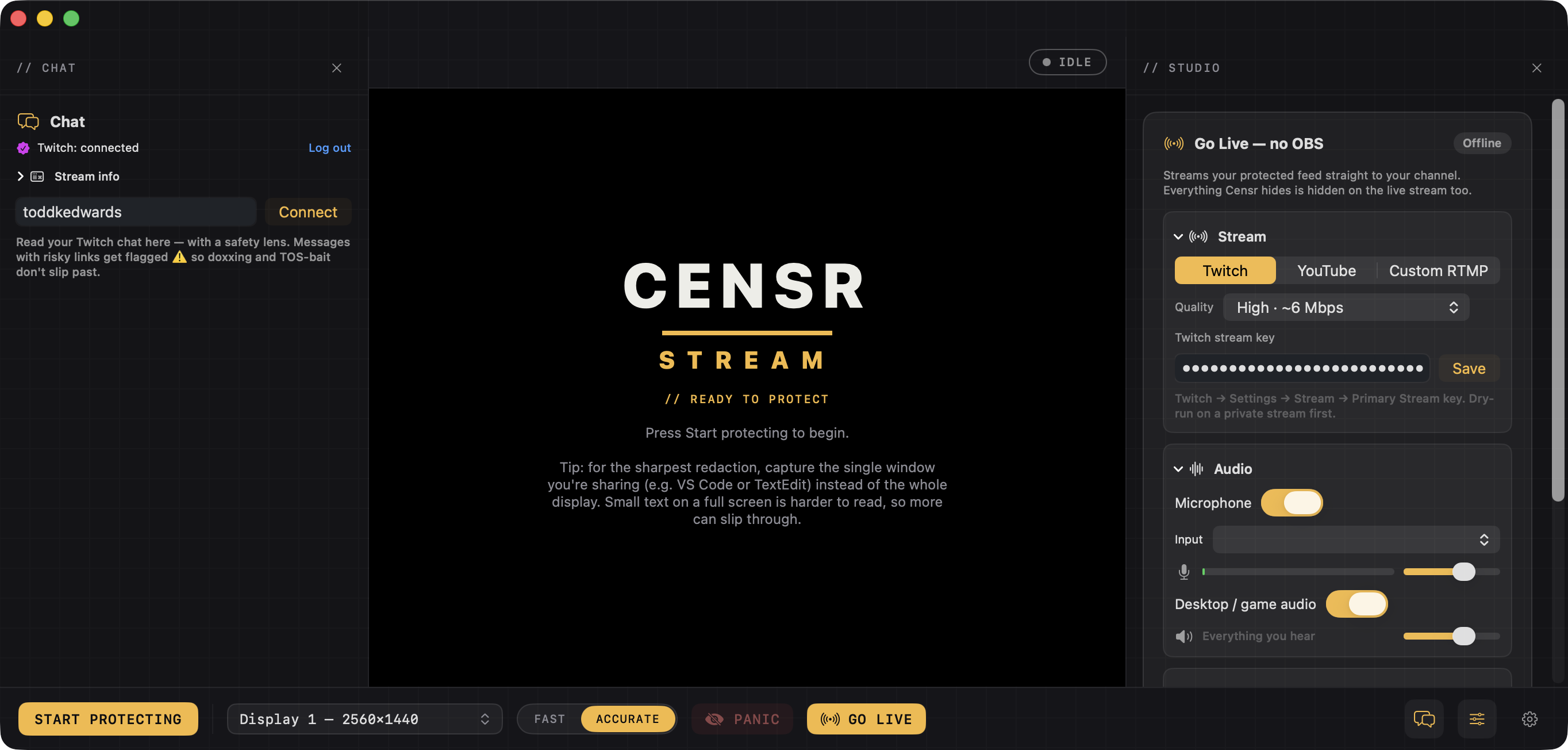 Censr Stream's Studio panel with the audio mixer open — microphone toggle, input-device picker, a live level meter and volume, plus desktop/game audio with its own slider — all built in, no extra tools.