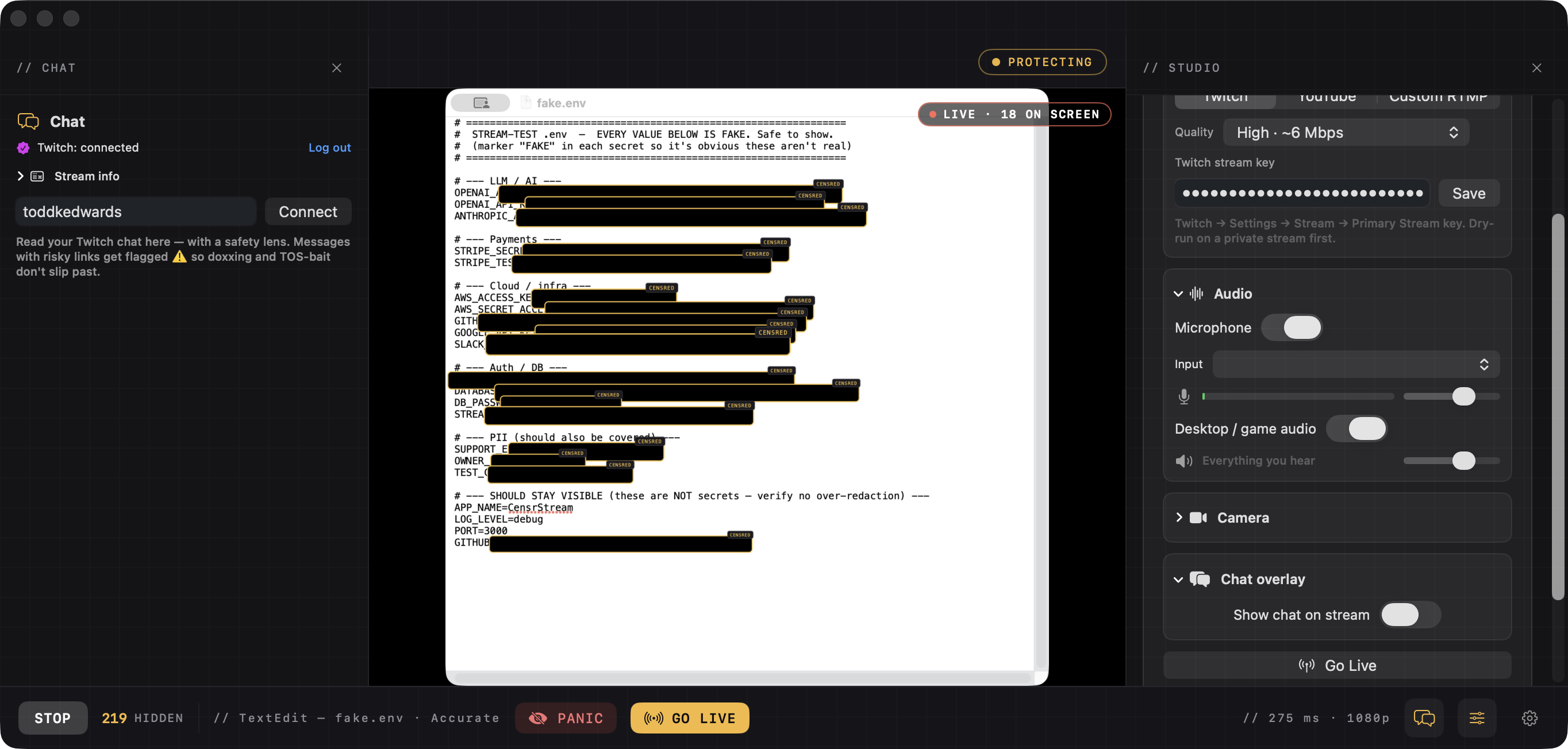 Censr protecting a .env file live — OpenAI, Anthropic, Stripe, AWS, GitHub, database and password values all blacked out with CENSRED bars, while non-secret lines like APP_NAME and PORT stay visible. The toolbar reads 'TextEdit — fake.env' with a live hidden-secret count.